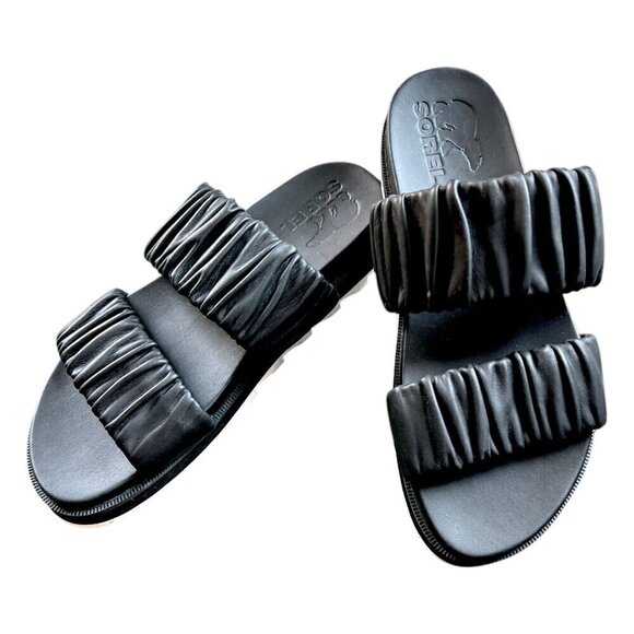 SOREL Roaming Two Strap Black Leather Sporty Comfy Slip On Slide Lug Sole Size 7 - Picture 3 of 13